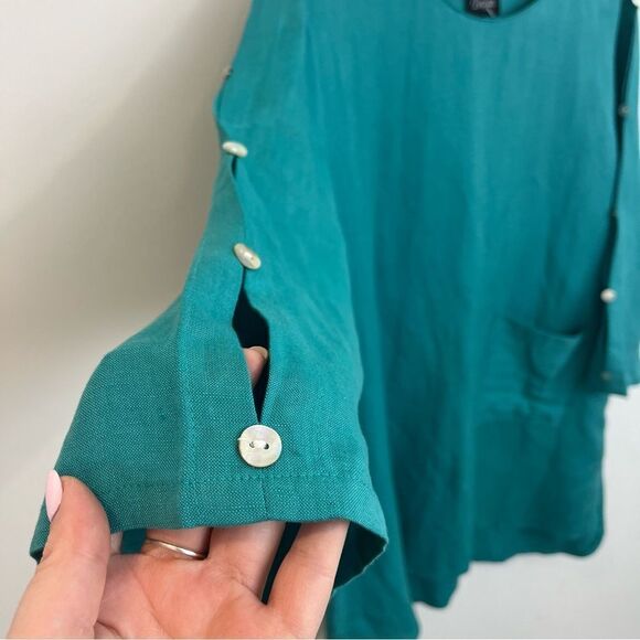 Toofan teal linen 1X blouse with buttons down arm - Picture 8 of 14